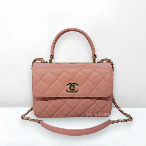 A13404-Chanel Trendy cc櫻花粉羊皮淡金釦手提口蓋包A92236