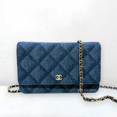A13411-CHANEL 藍色單寧布菱格紋淡金釦WOC鍊帶錢包/AP0250