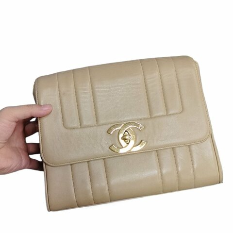 Chanel香奈兒豎條紋大雙C扣方胖子肩背包