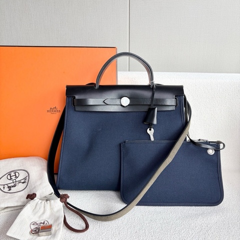 Hermes 愛馬仕 Herbag 31 帆布拼皮 藍色拼皮 銀扣