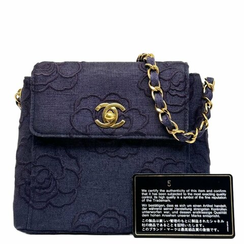 Chanel藏藍色刺繡山茶花雙C扣鏈條包