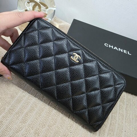 閒置 近新 CHANEL黑金荔枝紋拉鍊長夾-芯片款