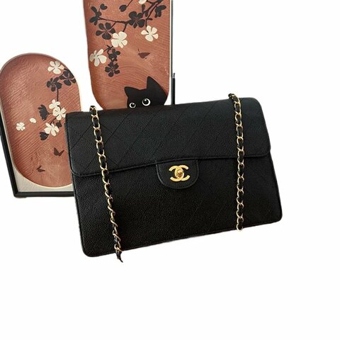 Chanel香奈兒黑金魚子醬菱格紋雙C扣鏈條包