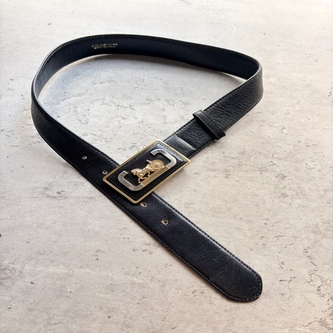 ：Celine 復古金銀雙色馬車扣經典黑色皮革腰帶（Size 65）