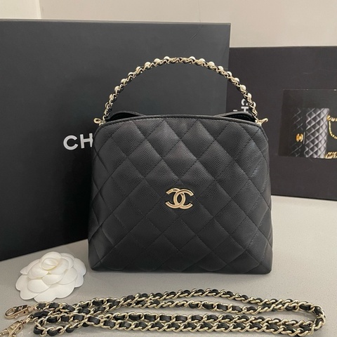 Chanel香奈兒 26c 黑金珍珠手柄飯盒包手提包斜挎包 底長19cm