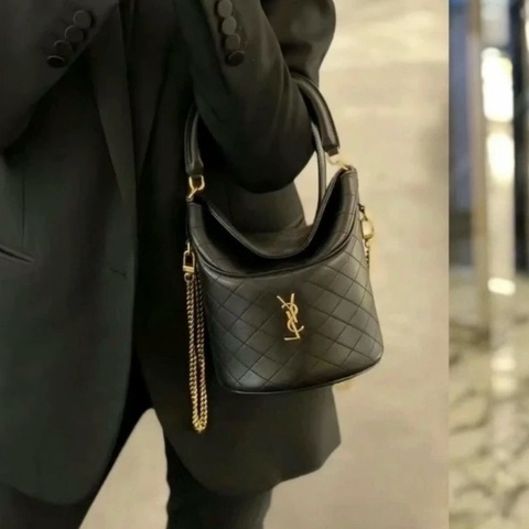 ✨YSL｜Gaby Bucket卡其綠金扣翻蓋菱格紋水桶包｜閒置新全配