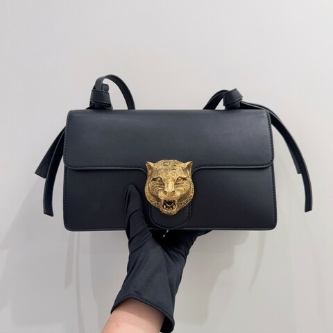 Gucci古馳 Animalier黑色牛皮虎頭裝飾手提單肩包 虎頭包