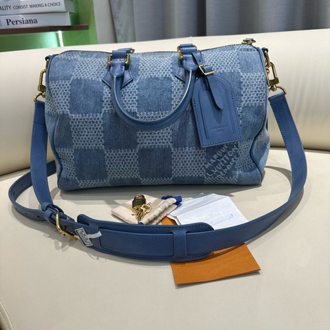 Lv路易威登 Speedy 30 牛仔棋盤格藍色單肩斜挎包 芯片 皮牌/鎖鑰匙