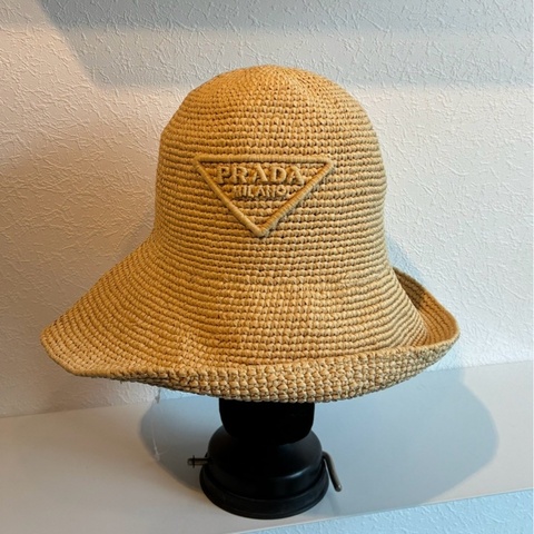prada 鐵牌logo草編漁夫帽M