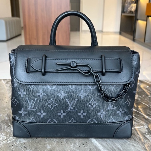 LV 路易威登LOUIS VUITTON Steamer 小盒子 Monogram Eclipse 塗層帆布 單肩斜挎手提包 小號 黑色拼灰色印花 芯片款