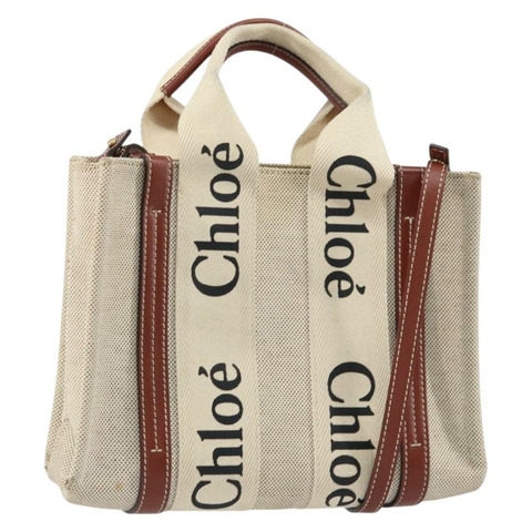 Chloe Woody 手袋 帆布皮革 兩用 米色 金色 正品 am9996
