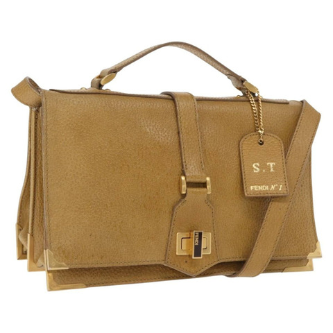 FENDI 手提包 皮革 兩用 棕色 金色 正品 158141