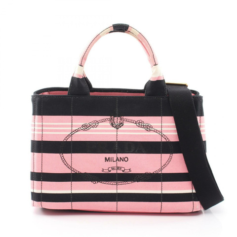 PRADA CANAPA RIGHE 肩挎手提包 帆布 粉紅色 黑色 二手 女款