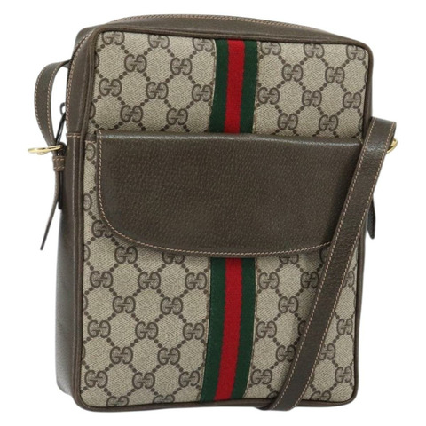 GUCCI GG Supreme Web Sherry Line 單肩包 PVC 米色 金色 正品 163502