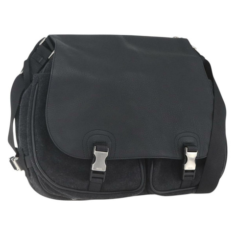 PRADA 羊毛皮革黑色銀色單肩包 Auth 164511