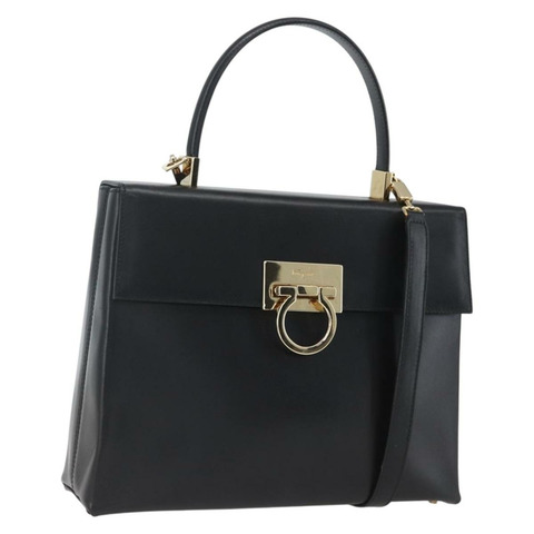 Salvatore Ferragamo Gancini 手提包 皮革 2way 黑色 金色 Auth 164875V