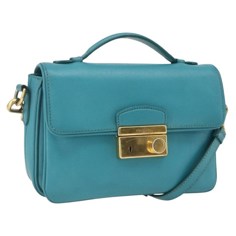 PRADA 手提包 Safiano 皮革 2way 淺藍色 金色 Auth 166296
