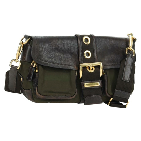PRADA 尼龍皮革肩包 卡其色 金色 正品 ARZ154V