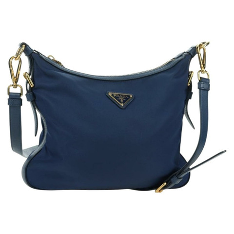 PRADA 尼龍皮革肩包 藍色金色 正品 ARZ849A