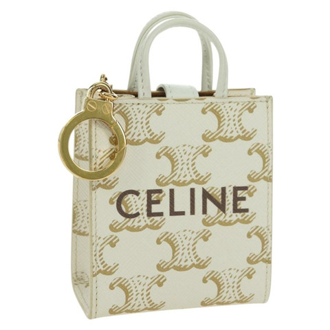 CELINE Macadam帆布微型直式包包掛飾 PVC 白色金色 正品 175660M
