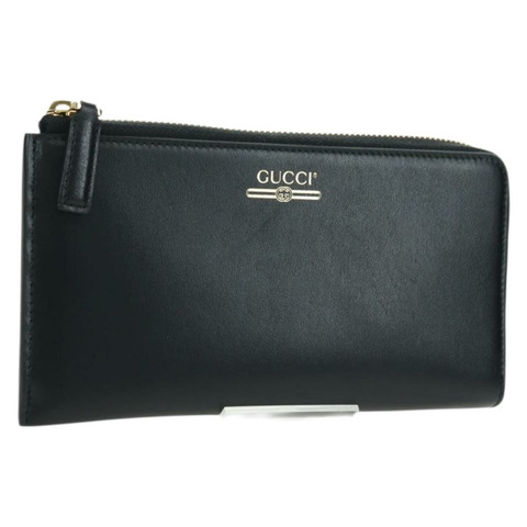 GUCCI L 型圓形長錢包，黑色金色皮革，貨號 573116，正品 am11415V