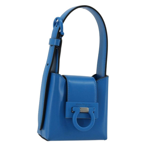 Salvatore Ferragamo Gancini 手袋 皮革 藍色 銀色 正品 177222A