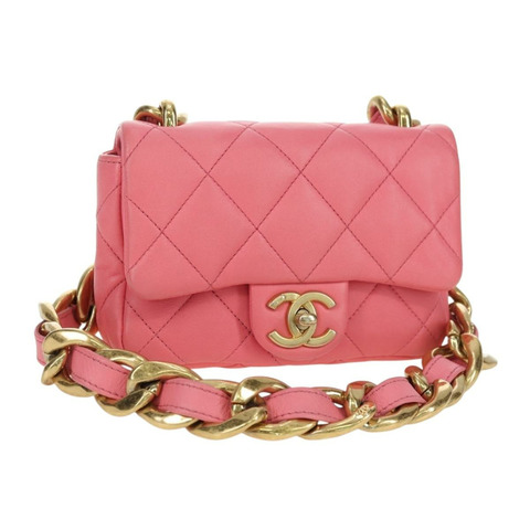 香奈兒 (CHANEL) 絎縫鏈條單肩包，羊皮材質，粉紅色金色雙C標誌，正品編號 177321SAM
