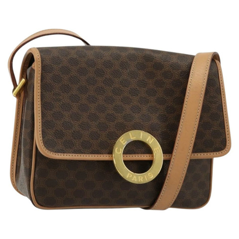 CELINE Macadam帆布圓形單肩包 PVC皮革 棕色 金色 正品 179136A