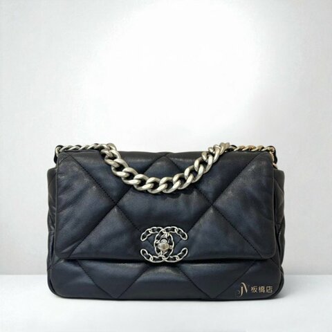 JS1484-CHANEL  19黑羊皮銀扣肩背包AS1160