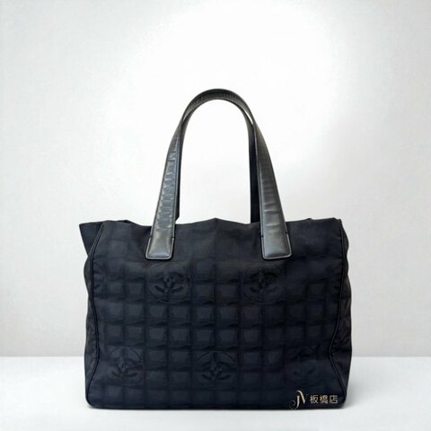 JS1485-CHANEL  黑色尼龍手把黑皮革托特包