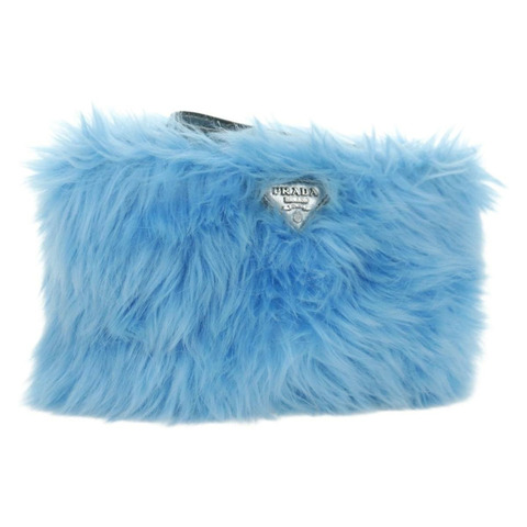 PRADA 銀色淺藍色毛絨手拿包 正品 179733SM