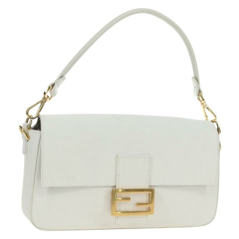 FENDI Drawing Mamma Baguette 肩背包 帆布 白色 金色 正品 176502SM