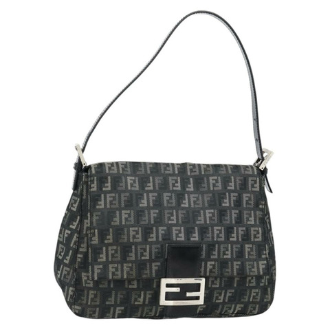 FENDI Zucchino 帆布 Mamma Baguette 肩背包 灰色 銀色 正品 181399V