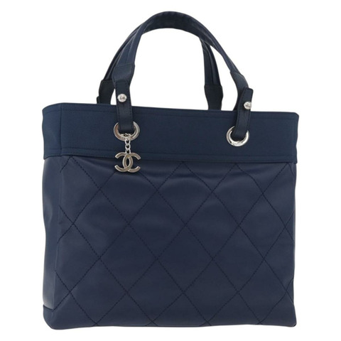 香奈兒 (CHANEL) Paris Biarritz MM 手提包，塗層帆布，海軍藍/銀色雙C標誌，正品編號 181519SAV