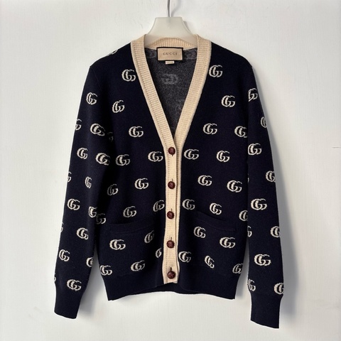 S號 ::GUCCI:: 藍色滿版雙G 學院風開襟上衣 木色鈕扣
