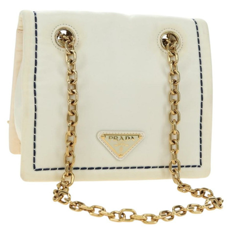 PRADA 鏈條單肩包 尼龍 白色 金色 正品 181426V