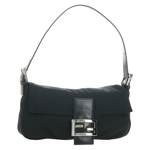 FENDI Mamma Baguette 單肩包 棉質 黑色 銀色 正品 182029SAM