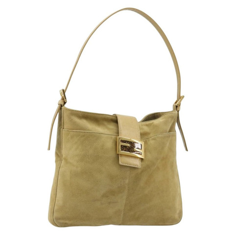 FENDI Mamma Baguette 肩背包 麂皮 米色 金色 正品 182030V
