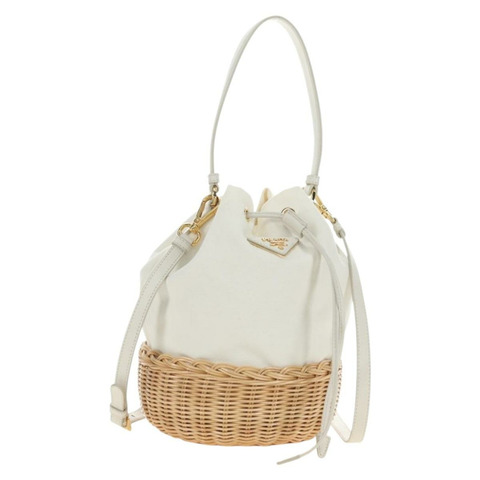 PRADA 藤編兩用白金手提包 正品 181826SM
