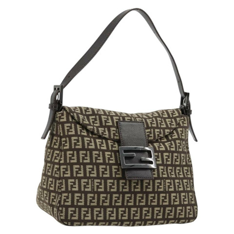 FENDI Zucchino帆布Mamma Baguette單肩包 銀棕色 正品 182652SAM