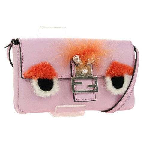 FENDI Monster Micro 水桶肩包 皮革 粉紅色 銀色 正品 am11769M