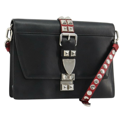 PRADA Electra鉚釘單肩包，黑色銀色皮革，正品編號182970V