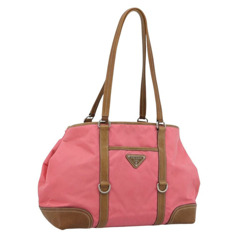 PRADA 手提包 皮革尼龍 粉紅色 銀色 正品 183896V