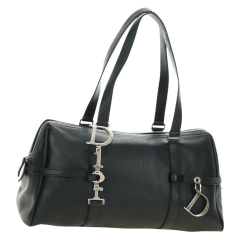Christian Dior 波士頓包，黑色銀色真皮，正品，貨號 184720SAM