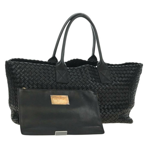 BOTTEGA VENETA INTRECCIATO Cabas MM 手提包，黑色皮革，貨號 115664，正品 am11798SM