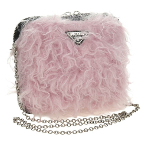 PRADA 鏈條單肩包 毛絨 粉紅色 銀色 正品 184728SAM