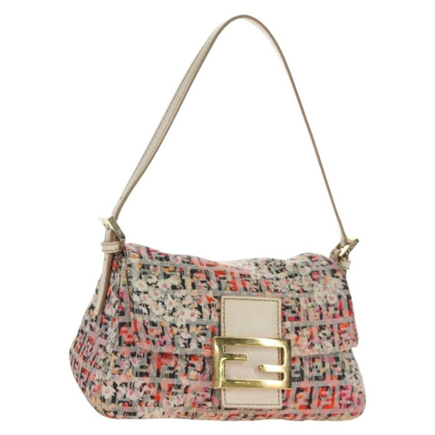 FENDI Zucchino 帆布 Mamma Baguette 單肩包 粉紅金色 正品 165298SAV