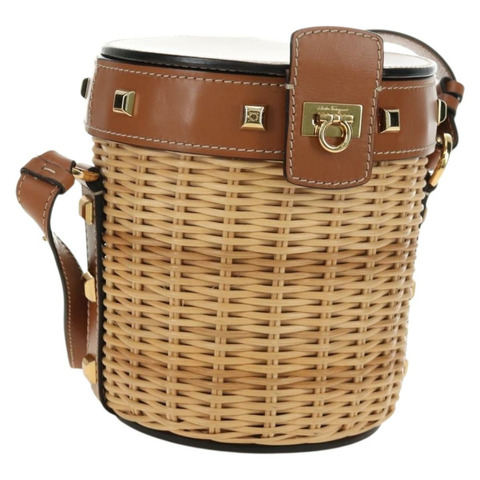 Salvatore Ferragamo Gancini 草編包，拉菲草材質，米色金色，正品 BA13293SM