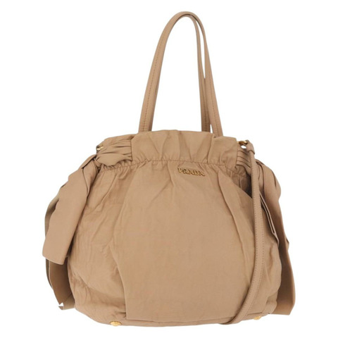 PRADA 帆布皮革肩背包 米色金色 正品 185028V