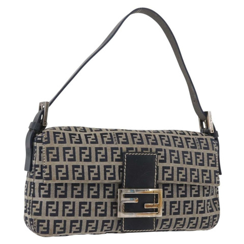 FENDI Zucchino帆布Mamma Baguette單肩包 海軍藍 銀色 正品 185146SAV